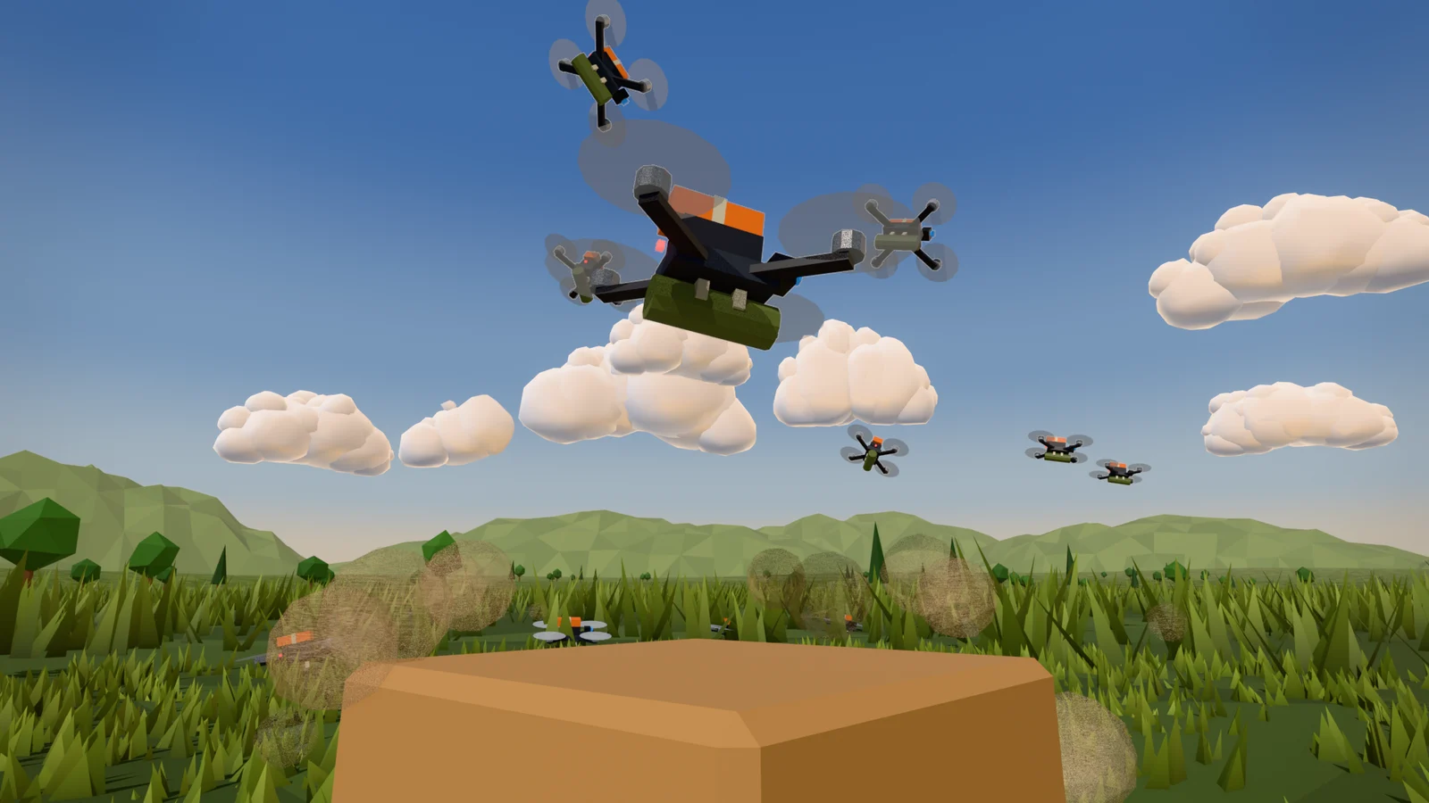 AI 에이전트와 Blender로 만든 로우폴리 영상의 한 장면: 풀밭 위로 떠오르는 드론들 (Blender 렌더)