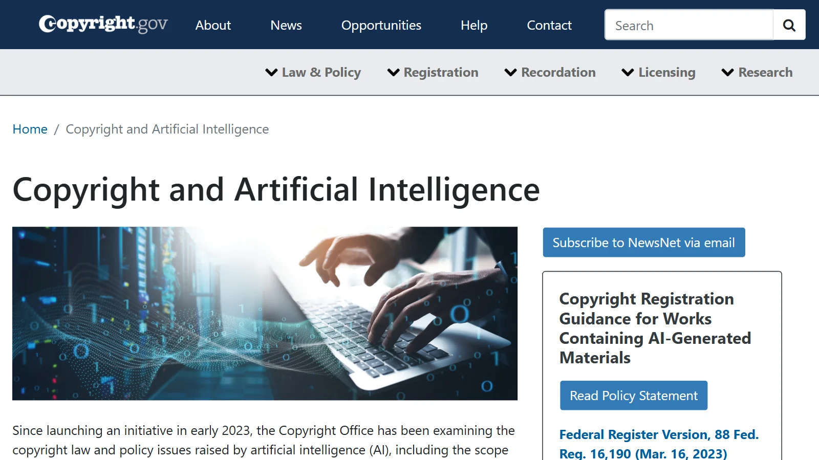 The Copyright and Artificial Intelligence page of the U.S. Copyright Office (screenshot of the official U.S. Copyright Office site)