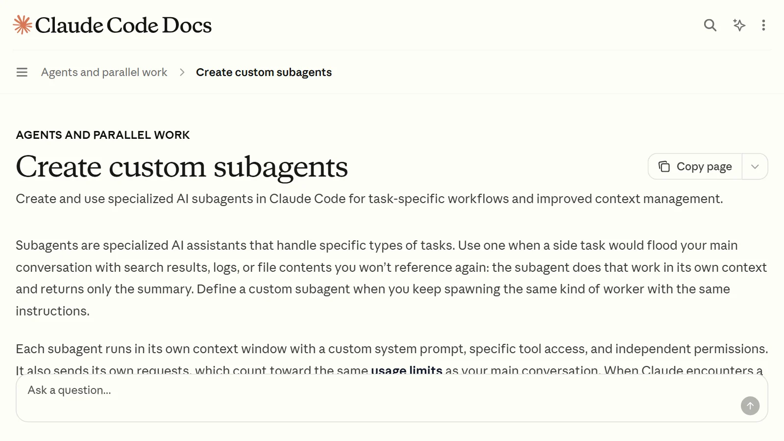 The page on creating subagents in the Claude Code documentation (Claude Code official site screenshot)