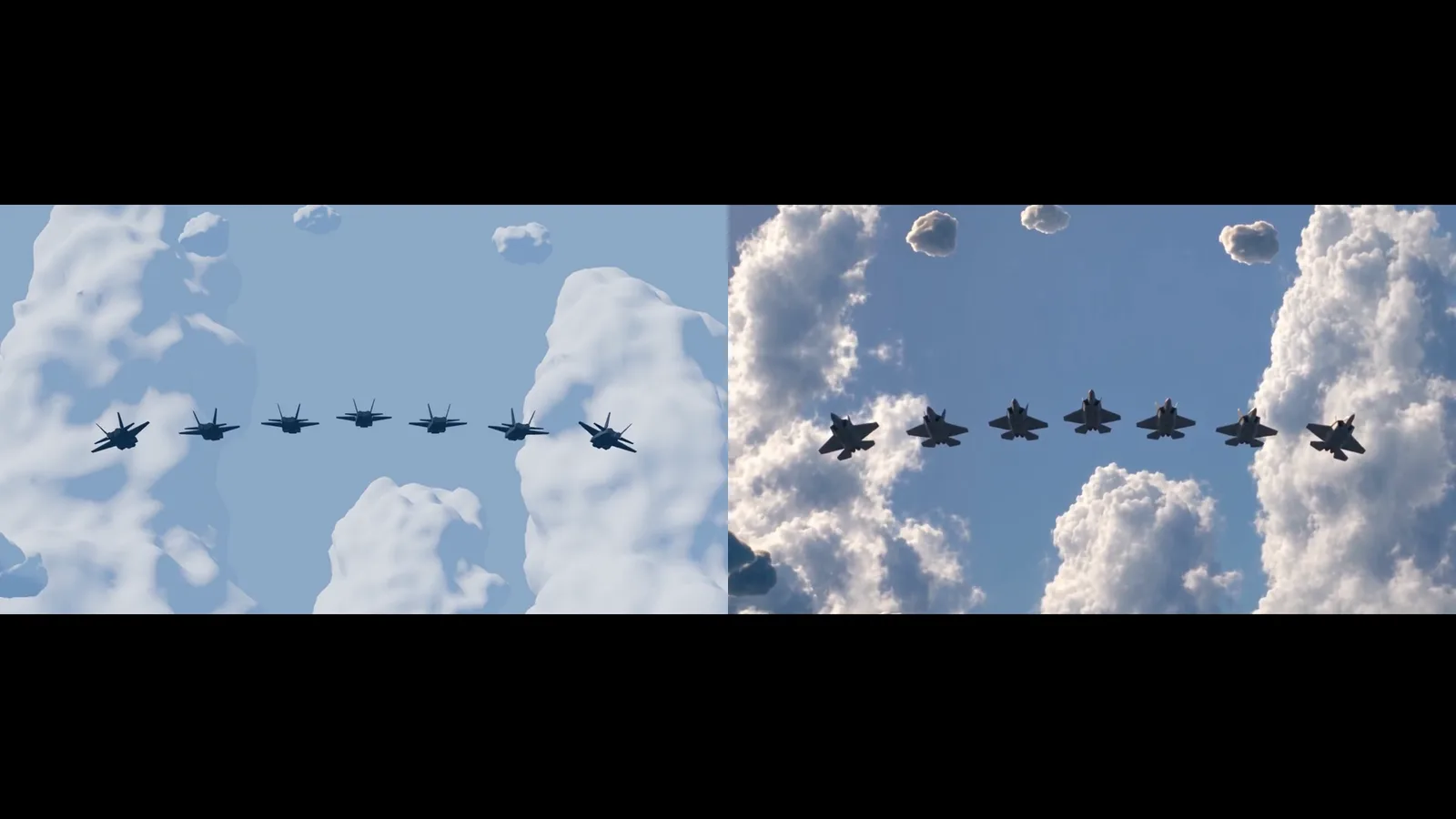 A blockout made of cubes (left) compared with the result after AI turned it into live-action-style video (right) (our own result)