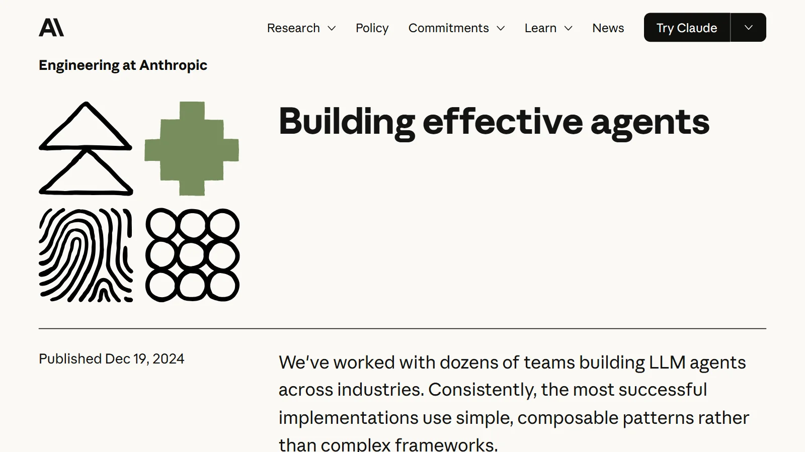 The first screen of Anthropic's article Building effective agents (screenshot of Anthropic's official site)