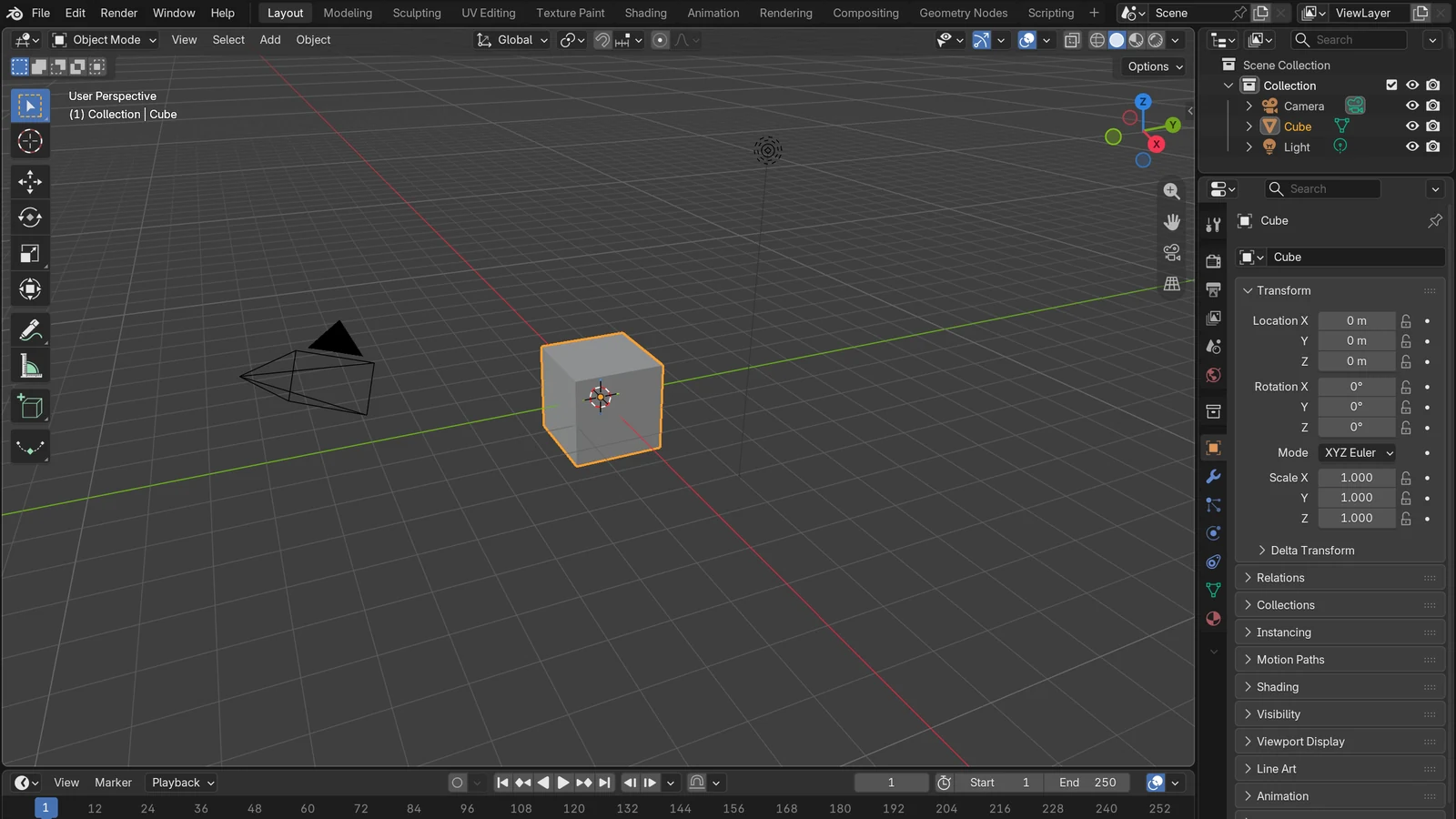 Blender 5.2를 처음 켜고 시작 화면을 닫은 기본 화면: 가운데 3D 뷰포트, 오른쪽 위 아웃라이너, 그 아래 속성 편집기, 맨 아래 타임라인 (Blender 화면 캡처)