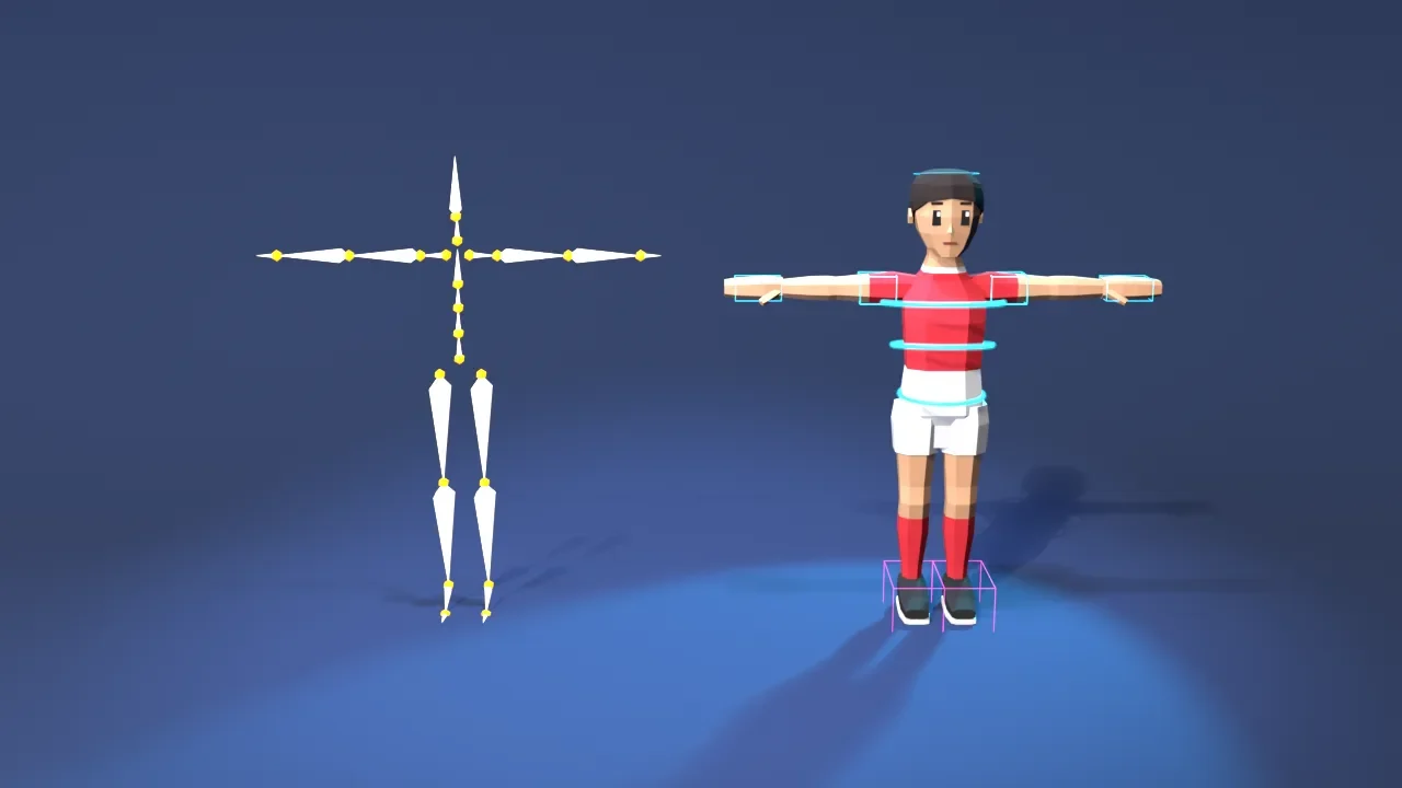 T자로 선 뼈대와, 같은 자세로 컨트롤을 단 로우폴리 캐릭터 (Blender 렌더)
