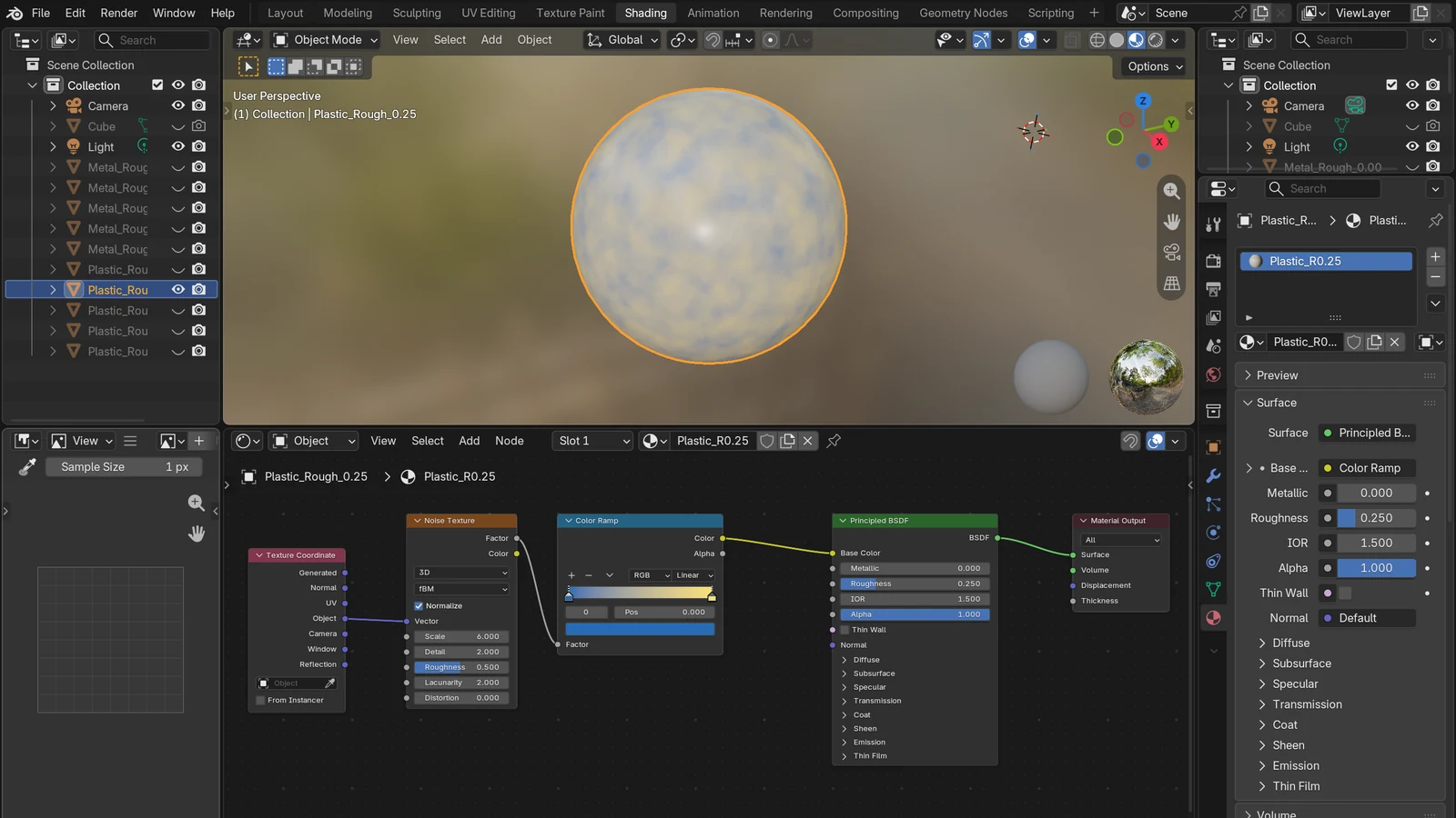Shading 작업 공간: Noise Texture와 Color Ramp를 Principled BSDF의 Base Color에 연결한 노드와, 그 재질이 입혀진 구 (Blender 화면 캡처)