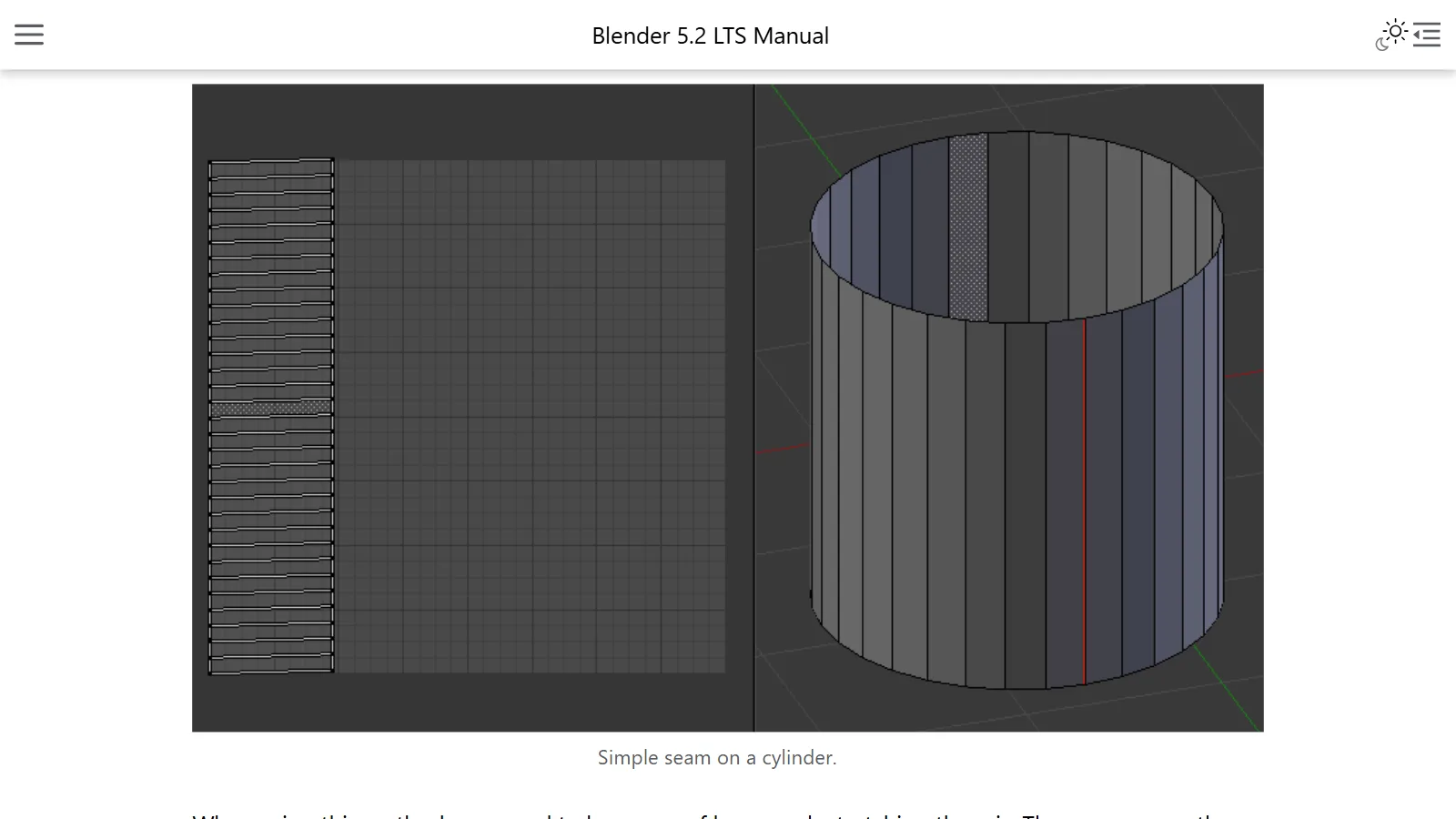 Cylinder seams and the unwrapped UVs from the Blender 5.2 manual (screenshot of the official site)