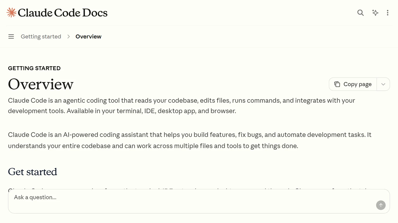 The Overview page of the Claude Code docs (screenshot of the official Claude Code site)