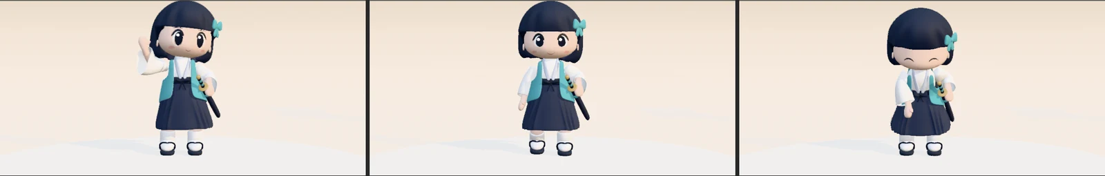 Three camera views of the character: waving at frame 30, lowering the hand into the bow at frame 58, and bowing with eyes closed at frame 98 (Blender screenshot)