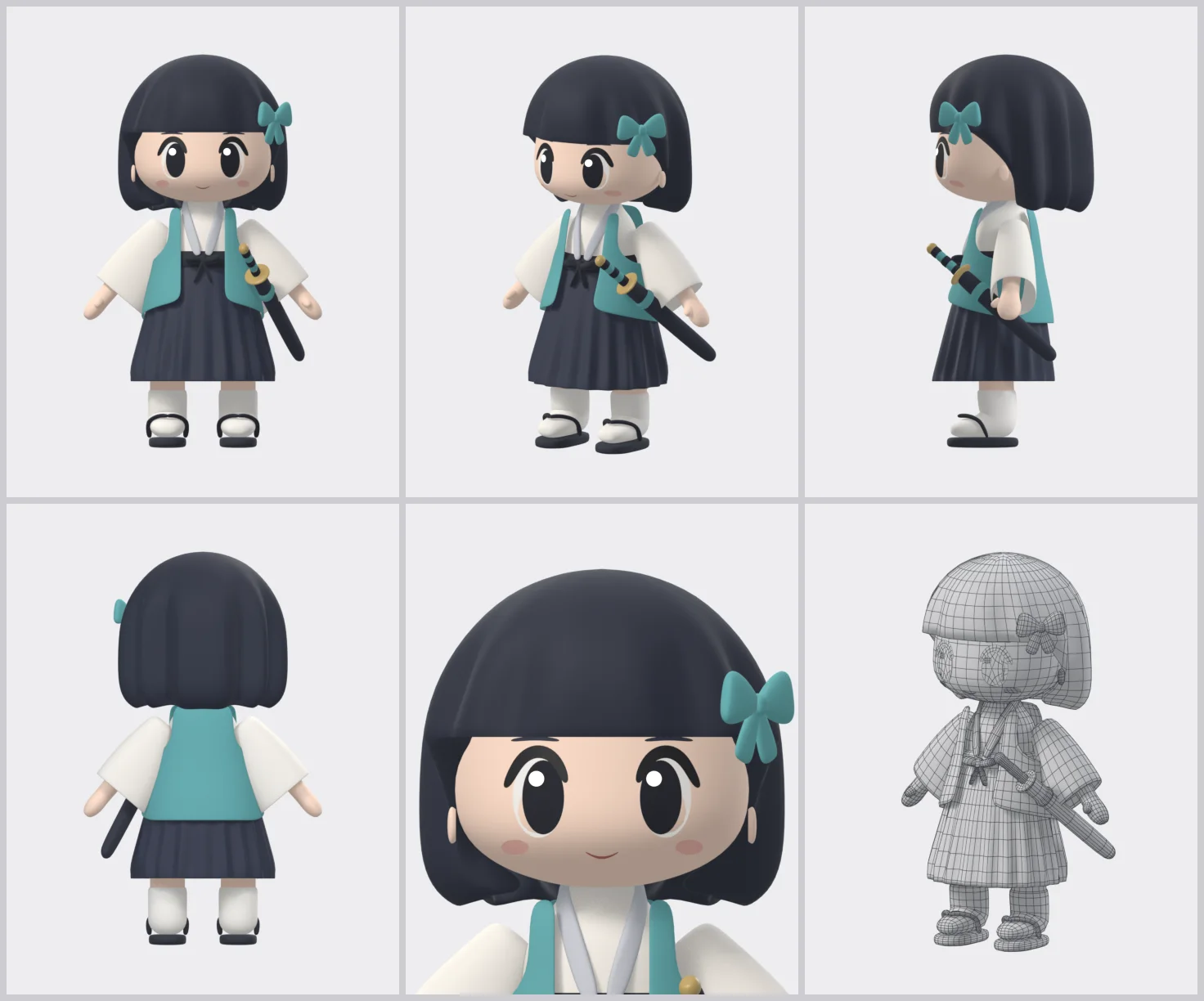 Six-panel model sheet of the script-built chibi sword-girl character: front, three-quarter front, side, and back full body, a face close-up, and a wireframe view (Blender render)