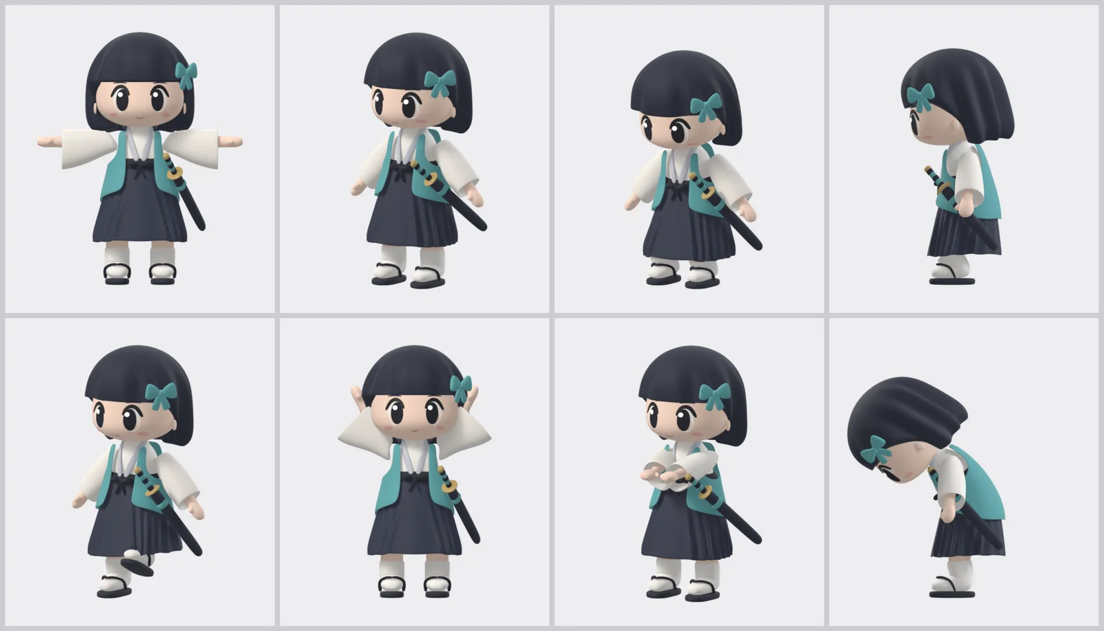 Eight-panel rig test pose sheet: T-pose, A-pose, three-quarter front, side, one foot raised, both arms raised, arms folded together, and a deep bow (Blender render)