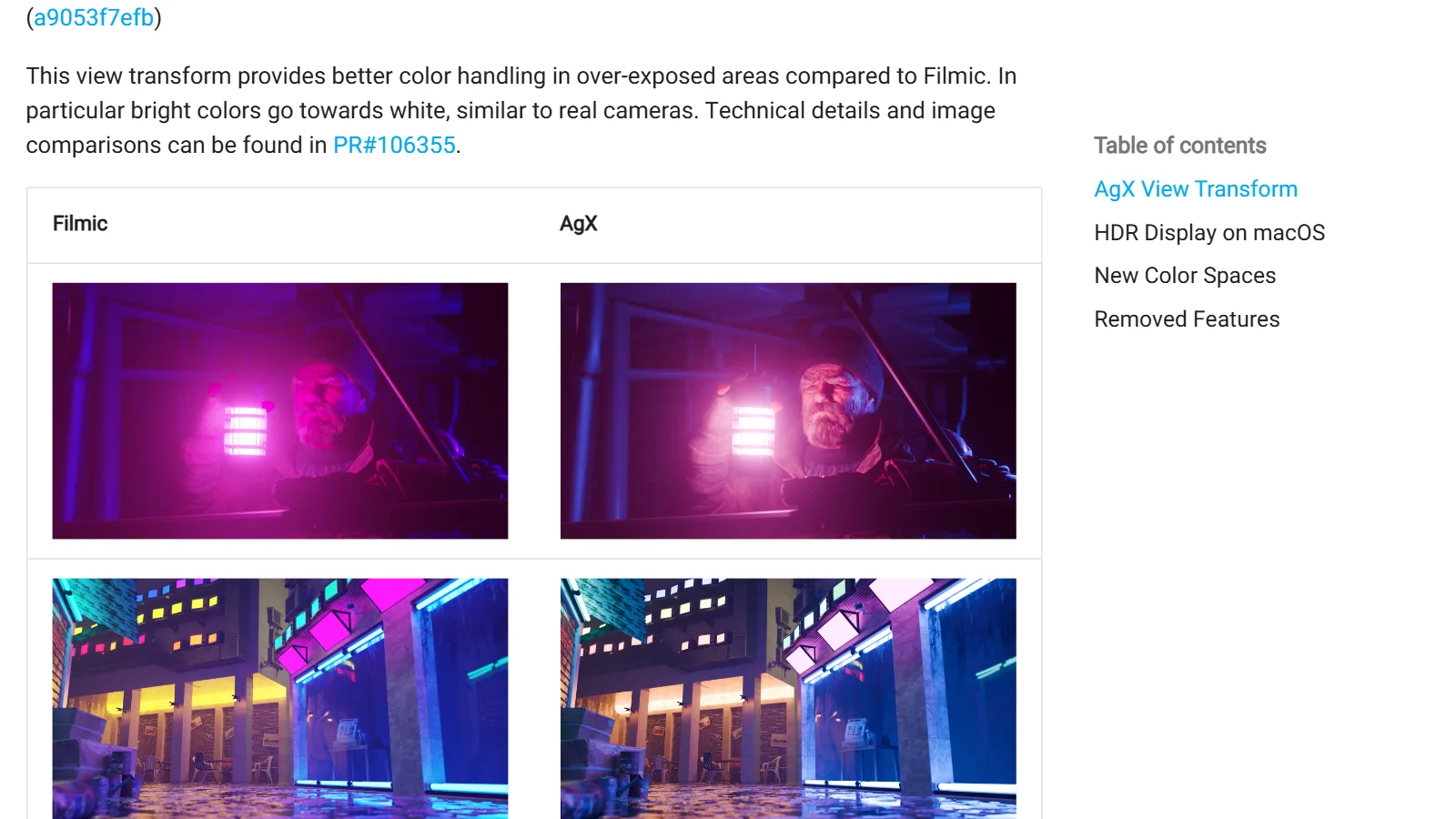 The Filmic vs AgX comparison image in the Blender 4.0 release notes (screenshot of the official site)
