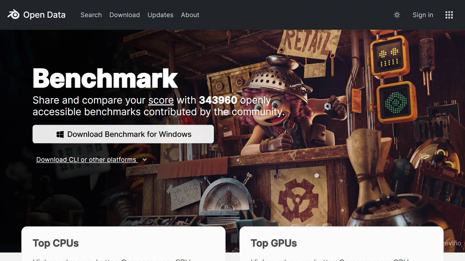 Top CPUs and Top GPUs on the front page of the Blender Open Data benchmark (screenshot of the official site)