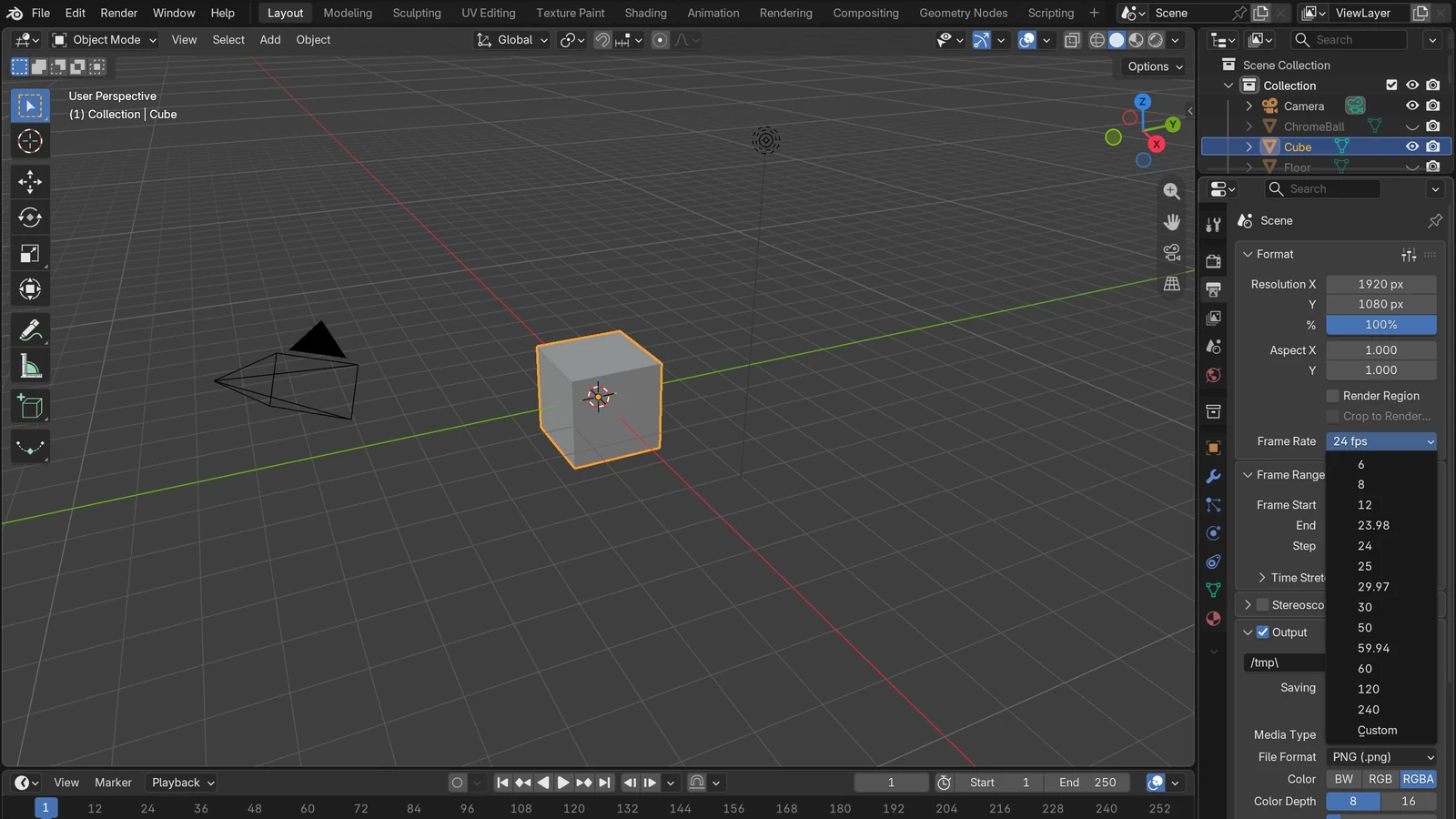 The Frame Rate list opened on the Output tab, showing values such as 23.98, 24, 25, 29.97, 30, 50, 59.94, and 60 (Blender screenshot)