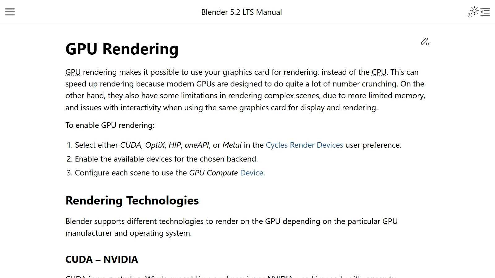 The GPU Rendering page of the Blender 5.2 manual (screenshot of the official site)