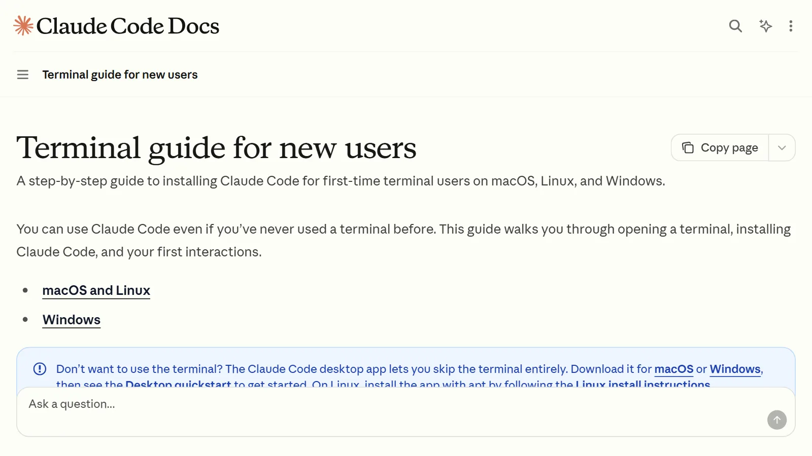 The terminal guide for new users in the Claude Code documentation (screenshot of the official site)