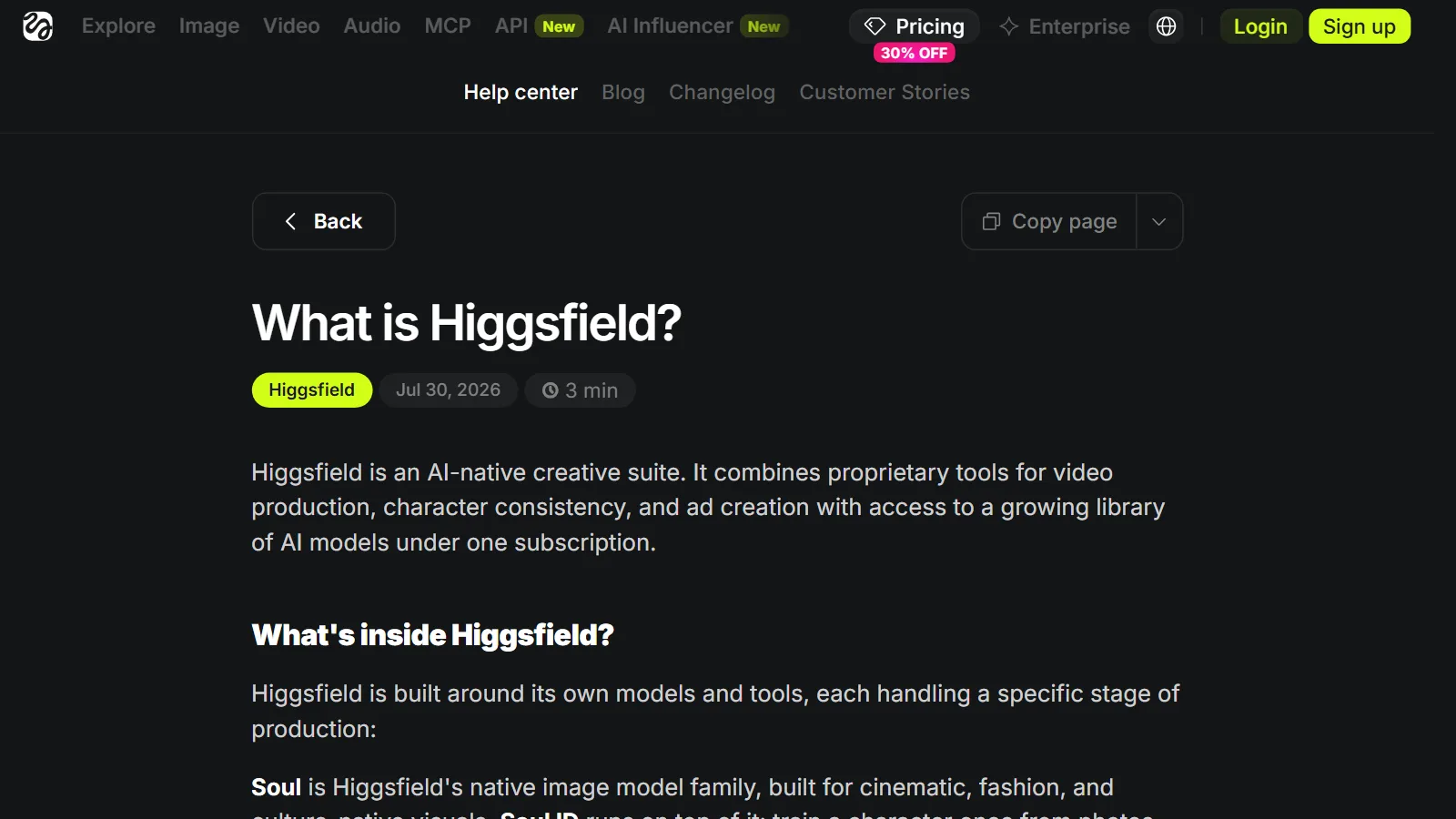 The What is Higgsfield? page in the Higgsfield help center (official site screenshot)