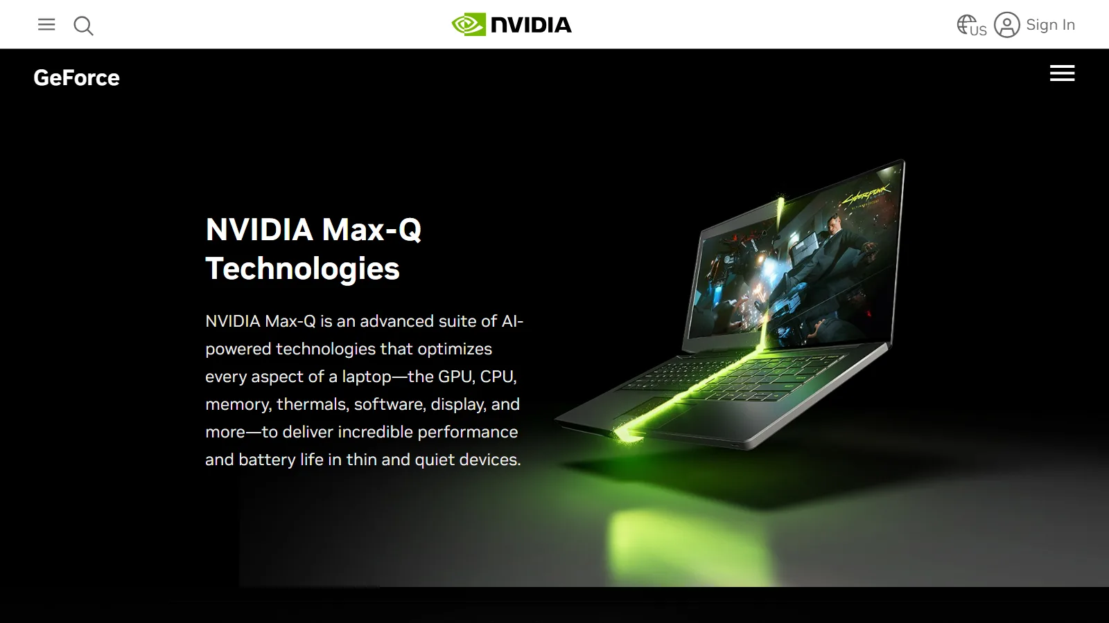 NVIDIA's page introducing Max-Q technologies for laptops (screenshot of the official site)
