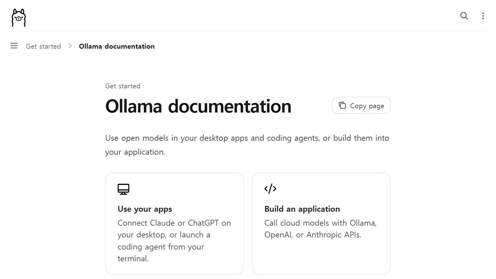The front page of the Ollama official documentation (official site screenshot)