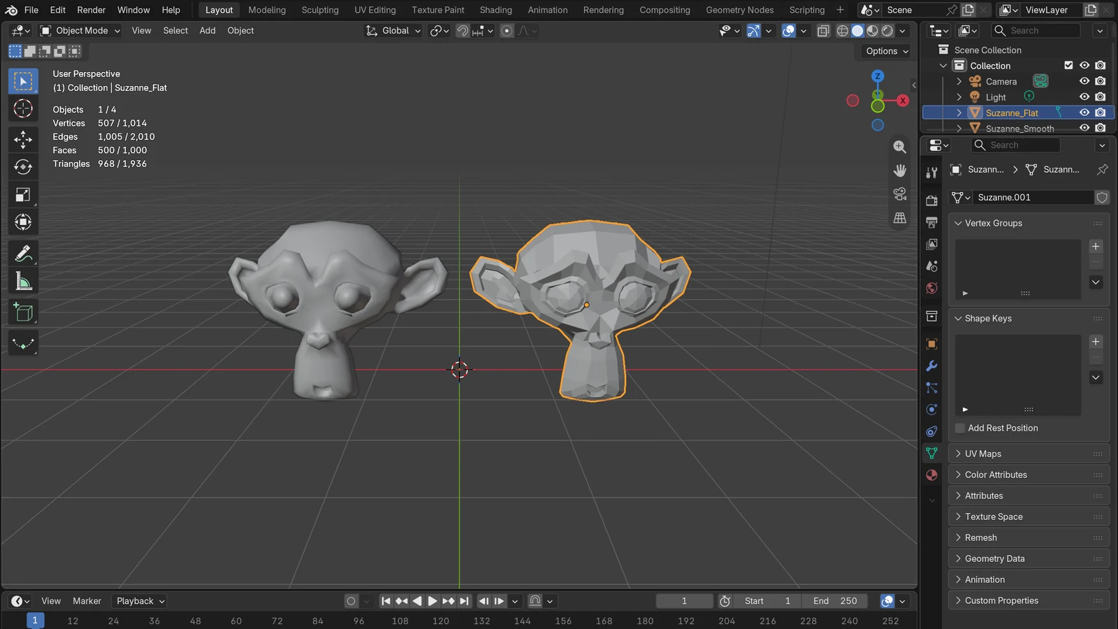 Two identical monkey heads (500 faces each): the left uses Smooth shading, the right uses Flat shading so its faces look angular (Blender screenshot)