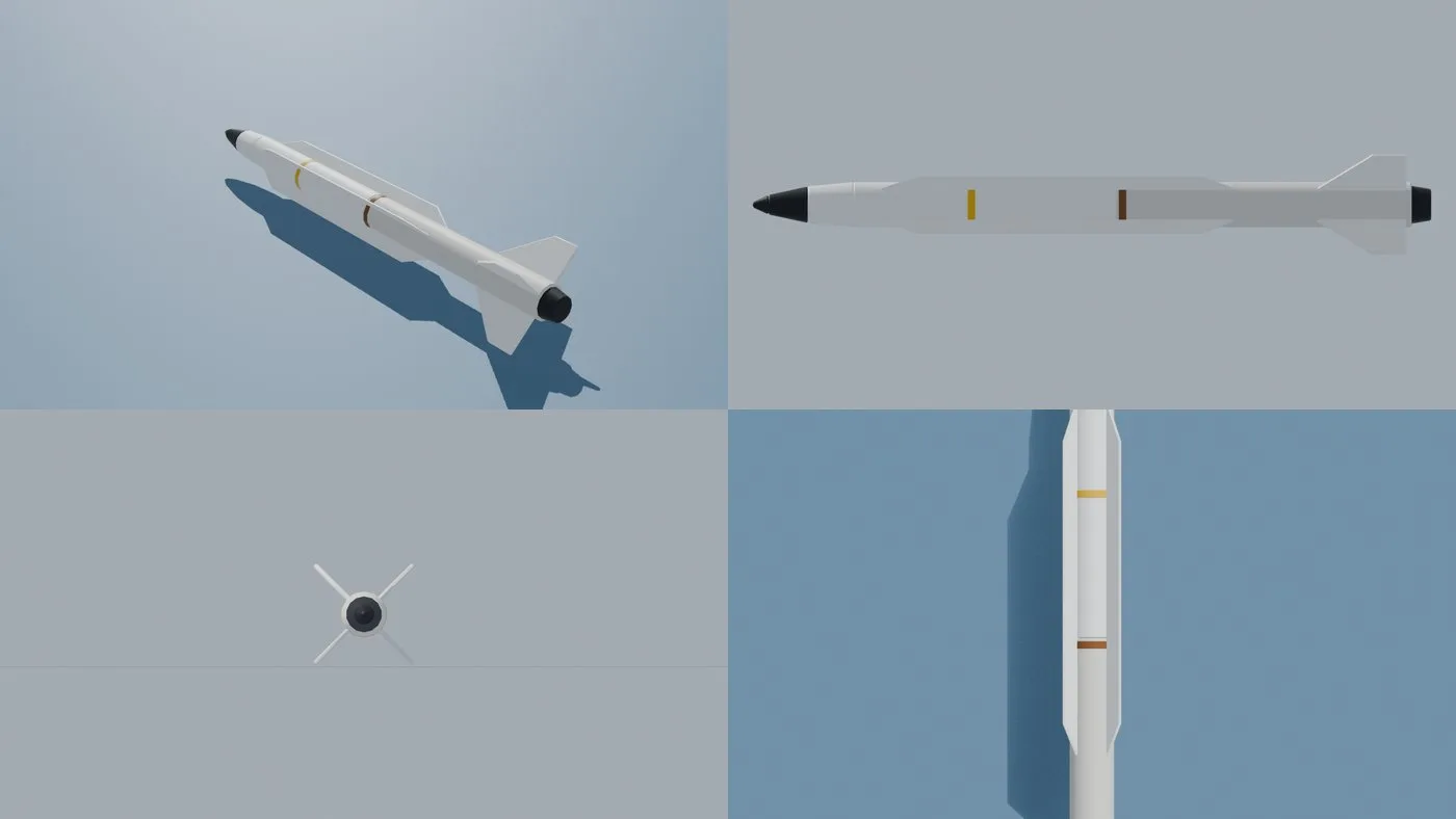 Check image of a white missile model rendered from four directions, 3/4, side, front and top, joined into one picture (Blender render)