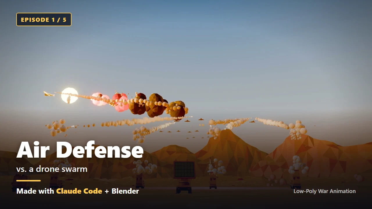 Low-poly scene of interceptor missiles hitting a drone swarm over the desert, with the title Air Defense (Blender render)