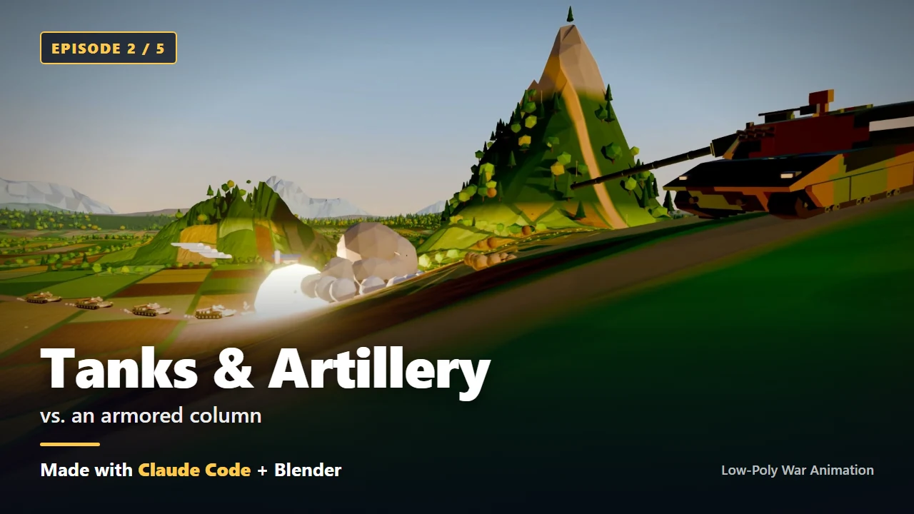 Farmland with green hills and mountains. A tank in the front right aims its gun, and explosions go off near a distant enemy tank column. The title Tanks & Artillery at the bottom left (Blender render)