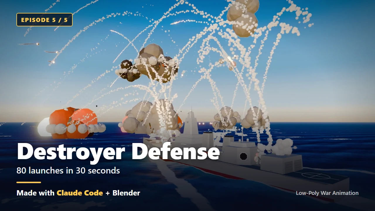 Dozens of white missile trails rising from a gray destroyer at sea, with intercept explosions near the ship and the title Destroyer Defense at the lower left (Blender render)