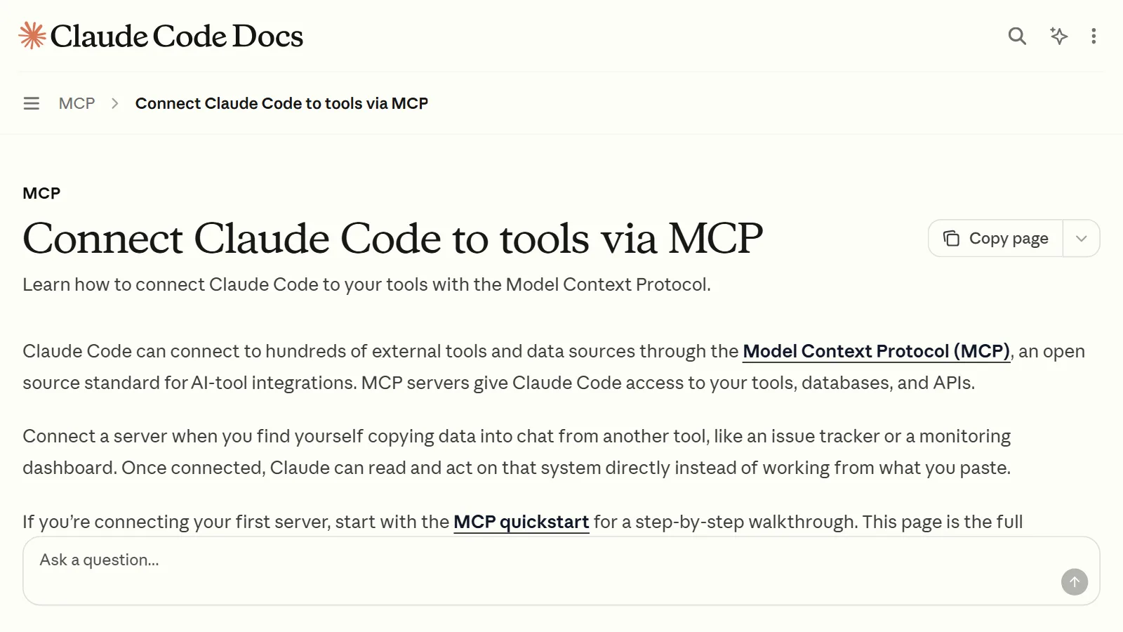 The MCP connection page of the Claude Code documentation (screenshot of the official site)