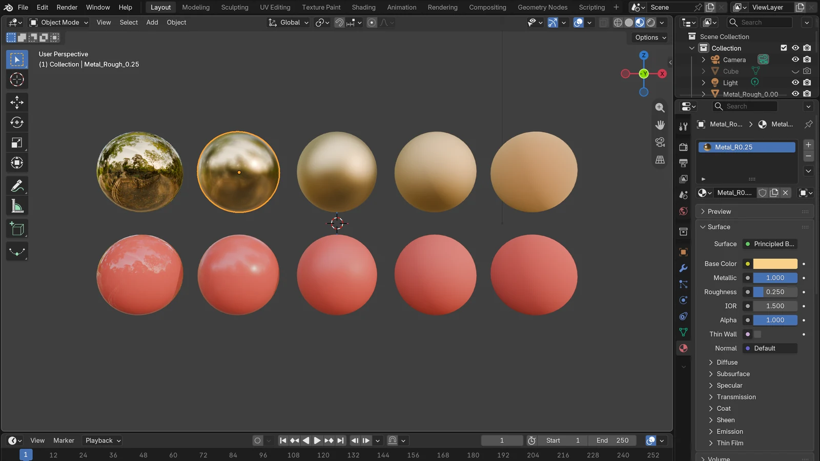 Ten spheres in Material Preview: the top row is metal (Metallic 1), the bottom row is non-metal (Metallic 0), and Roughness goes 0, 0.25, 0.5, 0.75, 1 from left to right (Blender screenshot)