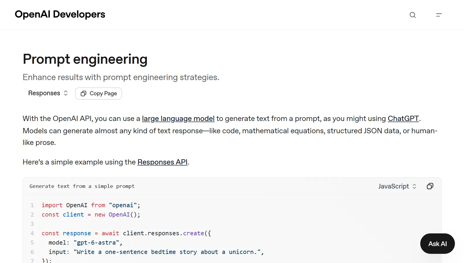 The prompt engineering page in the OpenAI developer documentation (screenshot of the official site)