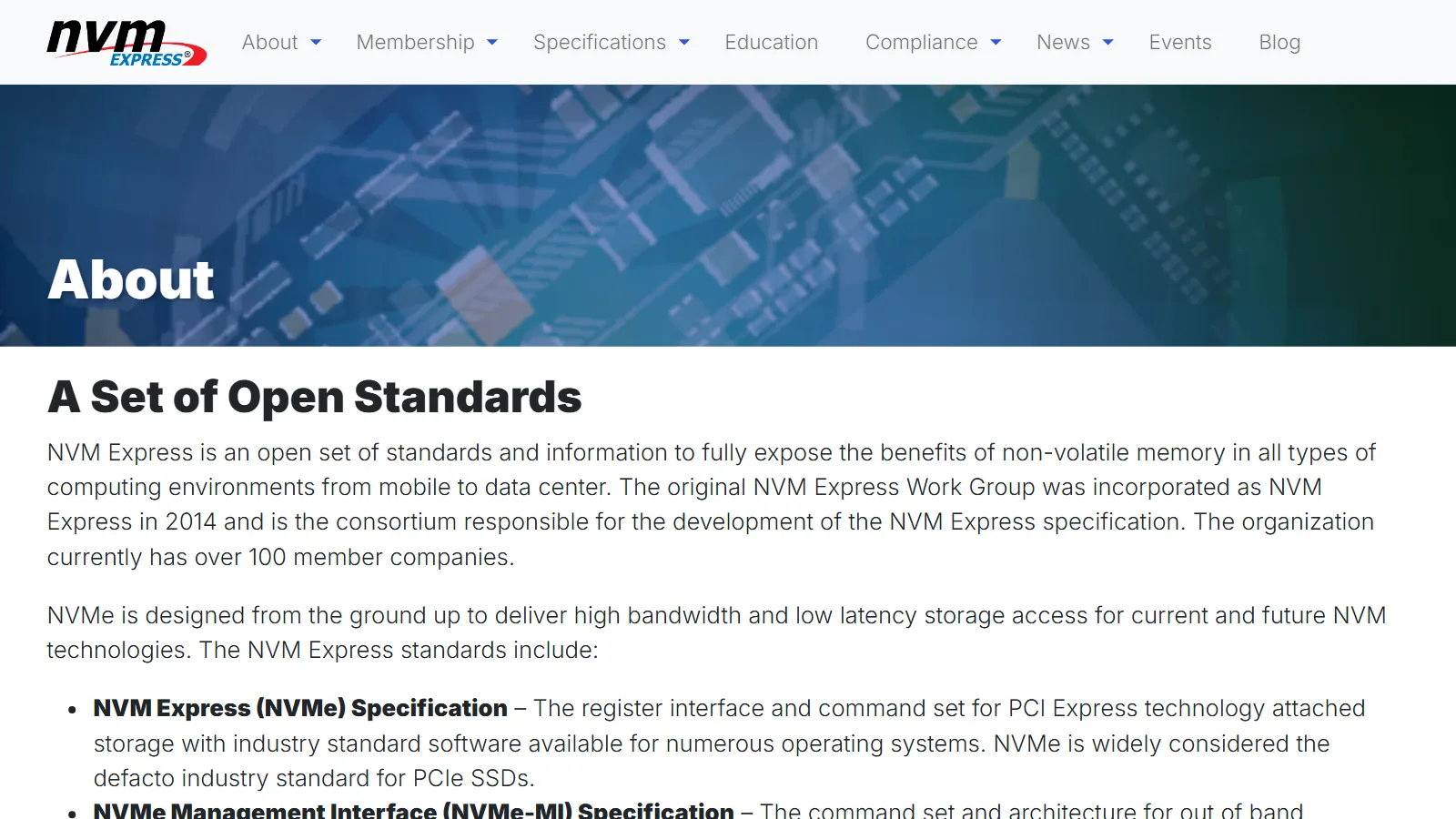 The About page of the official NVM Express website (screenshot of the official site)