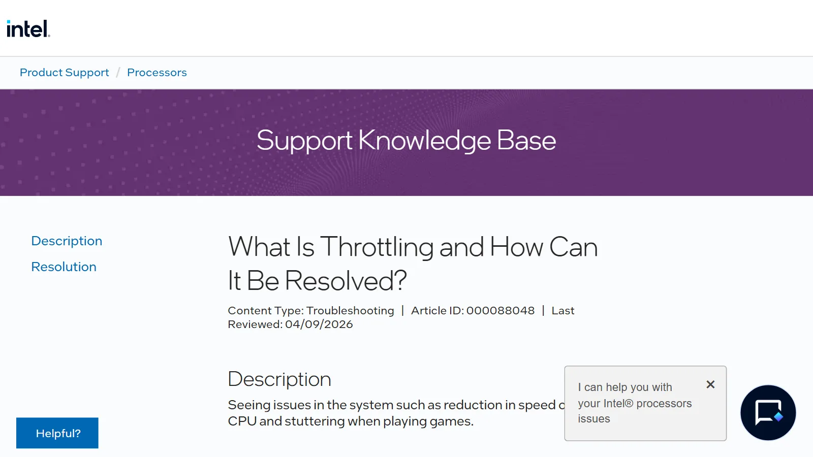 The Intel support page What Is Throttling (screenshot of the official site)