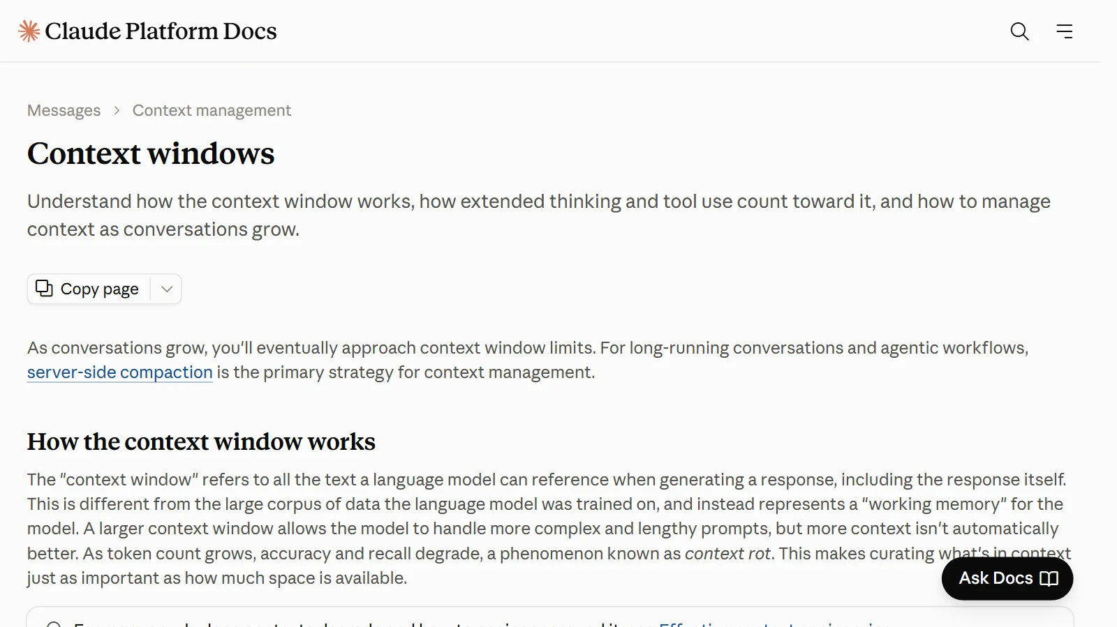 The top of the Context windows page in the Claude documentation (screenshot of the official Claude site)
