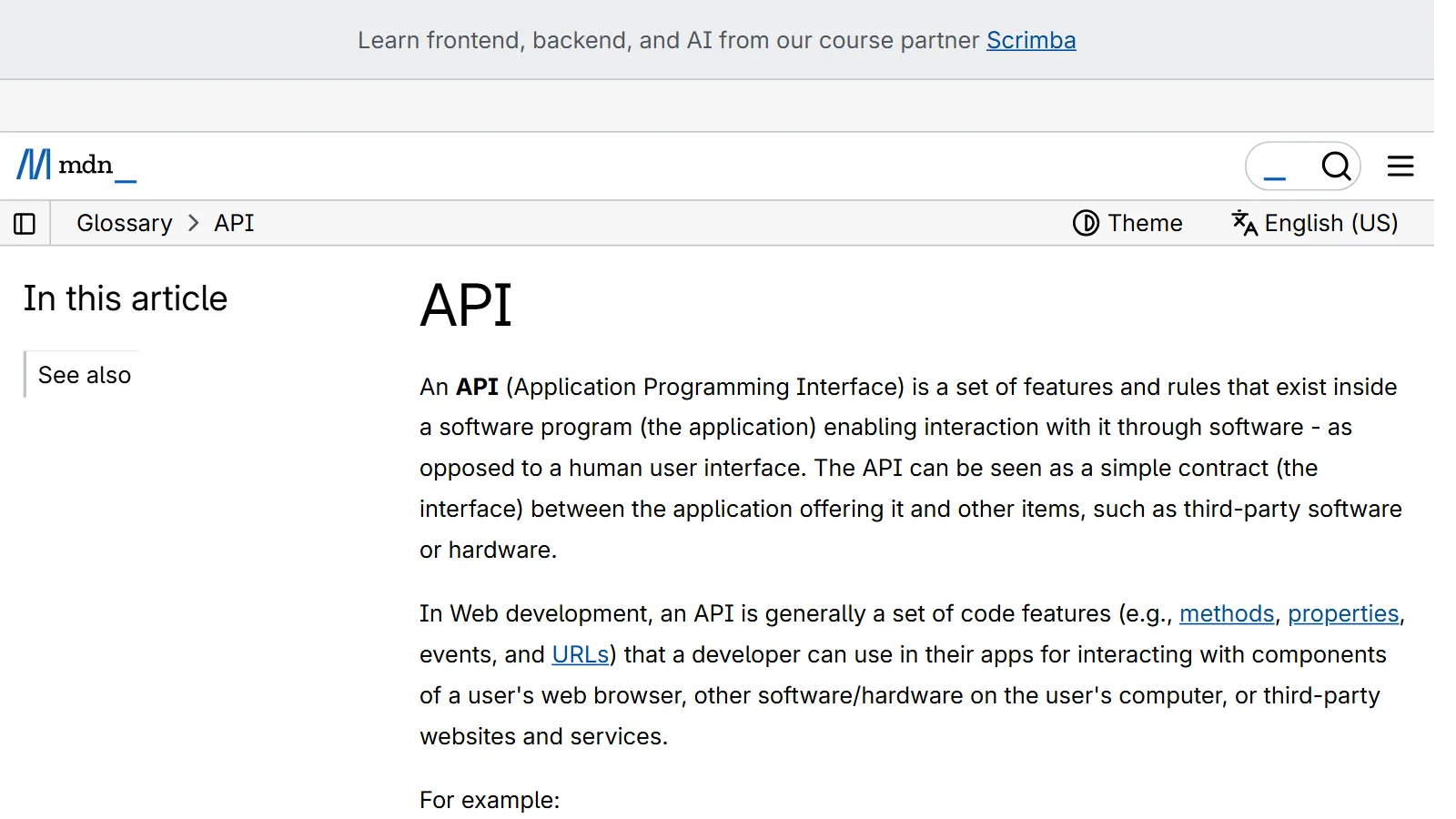 The API entry in the MDN glossary (screenshot of the official site)
