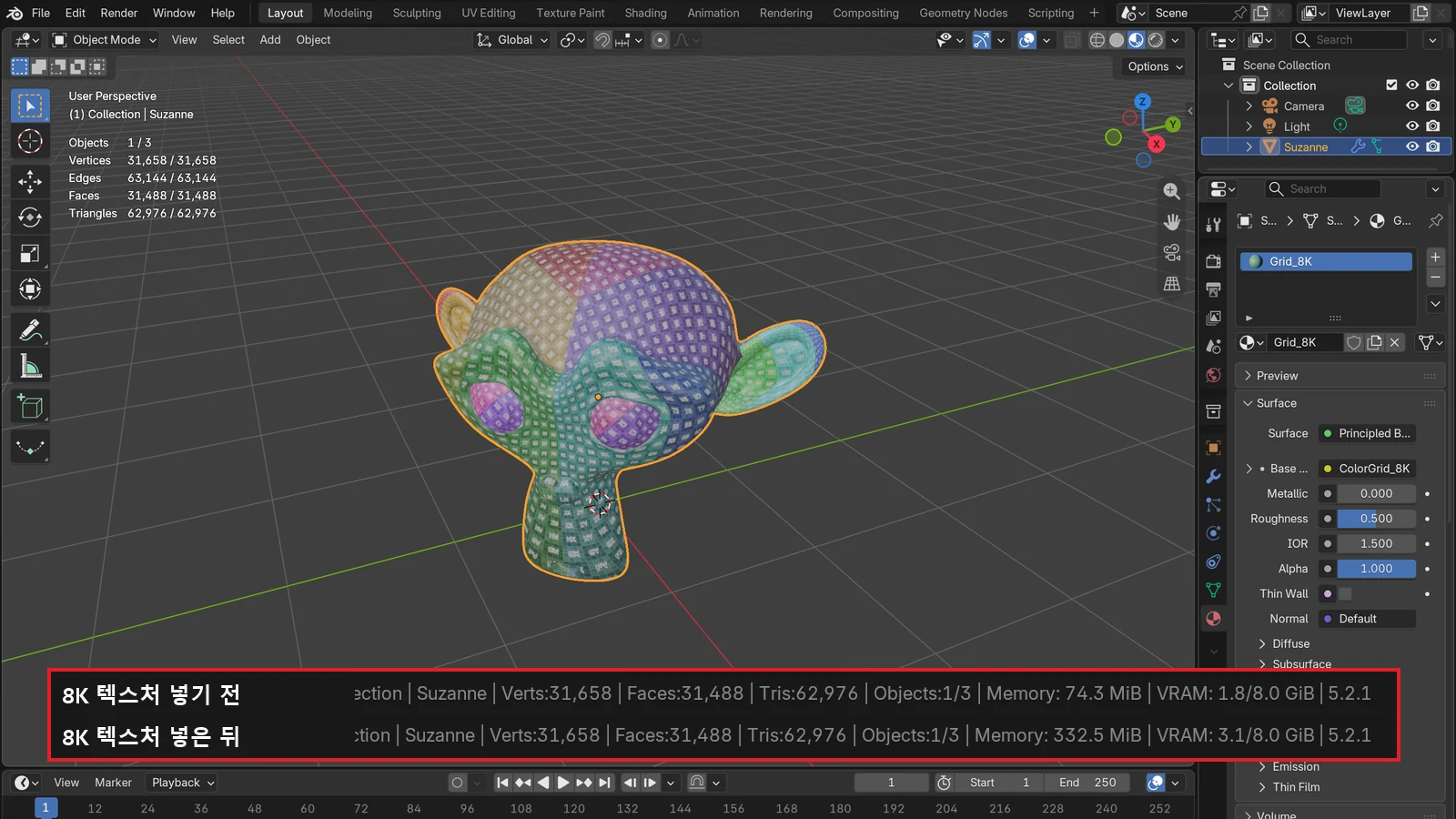 A monkey head with an 8K (8192×8192) texture, with a status bar comparison: VRAM 1.8/8.0 GiB before adding it, 3.1/8.0 GiB after (Blender screenshot; the strip at the bottom joins two status bar images)